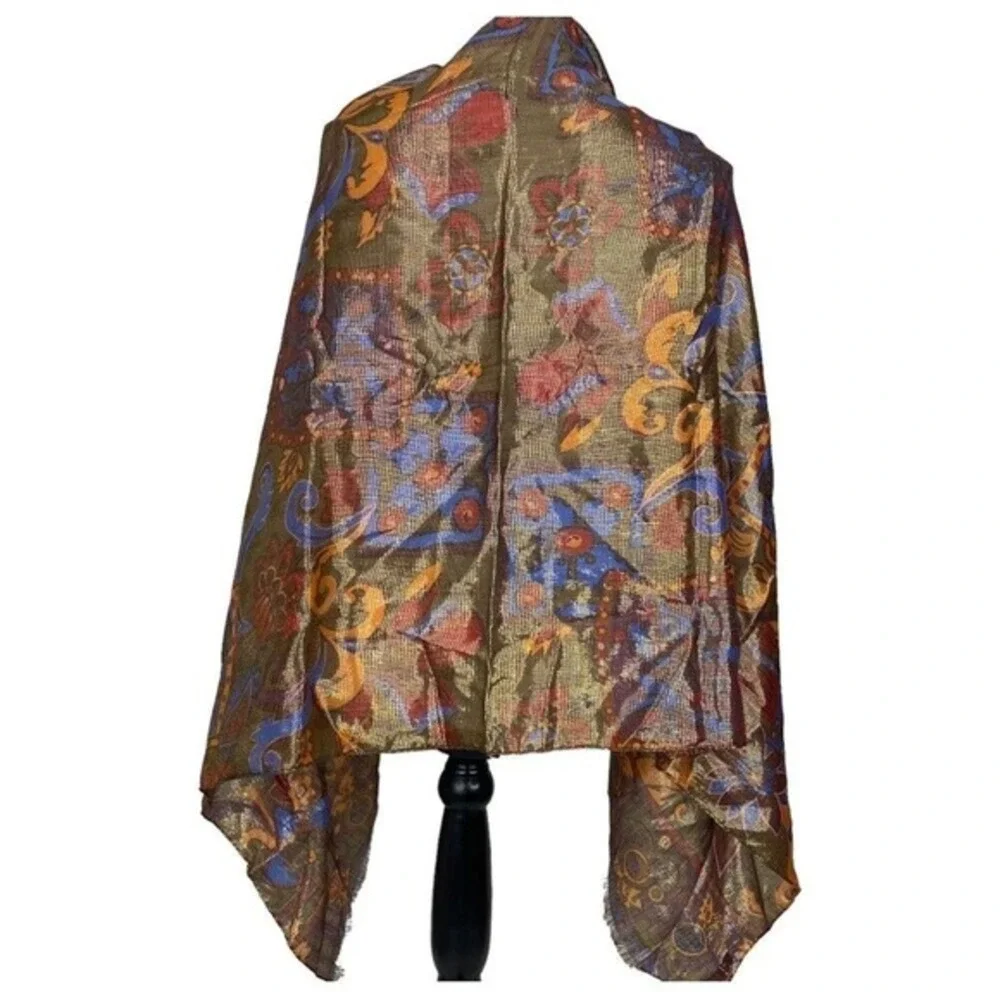 Bally‎ Vintage Gold Metallic Artisan Print Scarf Wool Silk Made in Italy 26x60